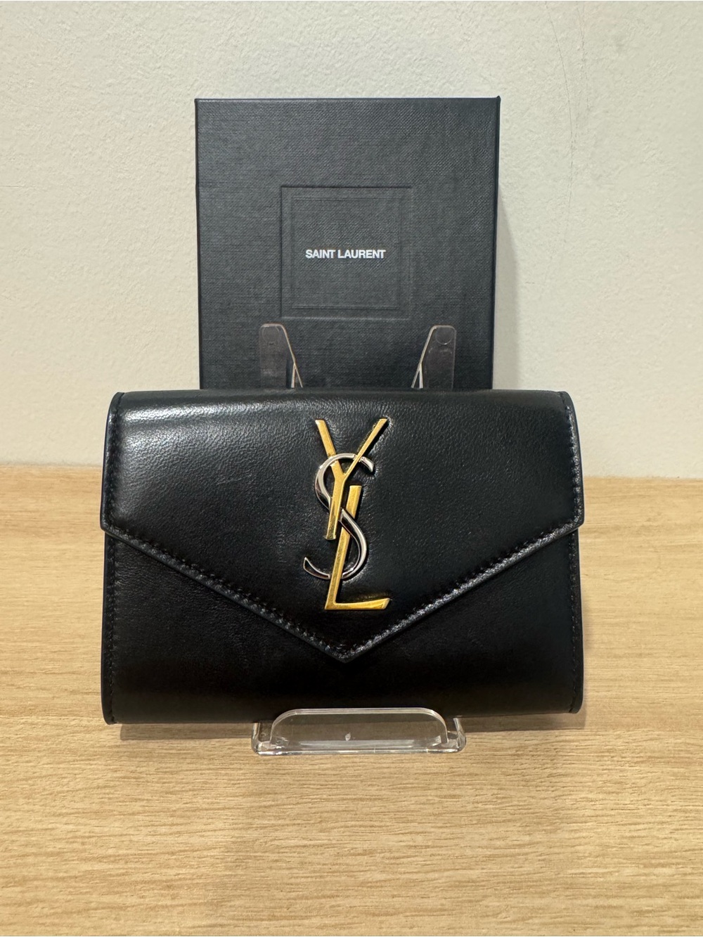 Saint Laurent Black Leather Envelope Wallet with Gold and Silver YSL Monogram